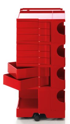 Roter Boby Rollcontainer mit Schubladen und Fächern, modernes Design für Büro und Zuhause.